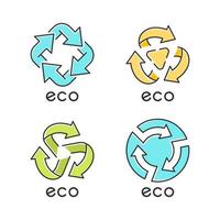 conjunto de iconos de color azul de etiquetas ecológicas. signos de flechas. símbolos de reciclaje. energía alternativa. emblemas de protección ambiental. productos orgánicos. productos químicos ecológicos. ilustraciones de vectores aislados