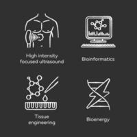 conjunto de iconos de tiza de biotecnología. bioingeniería hifu, bioinformática, ingeniería de tejidos, bioenergía. tecnologías para el estudio y el tratamiento. Ilustraciones de vector pizarra