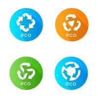 Eco labels blue flat design long shadow glyph icons set. Arrows signs. Recycle symbols. Alternative energy. Environmental protection emblems. Organic products. Vector silhouette illustration