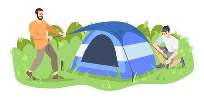 Men setting up camp flat vector illustration. Friends, campers, father and son cartoon characters. Summer activity, outdoor adventure. Tent installation process isolated on white background