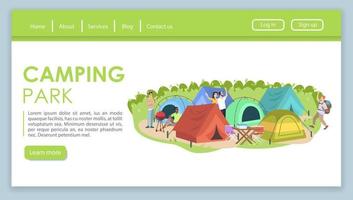Camping festival landing page vector template. Travel bureau website interface idea with flat illustrations. Summer outdoor tourism homepage layout. Tent park web banner, webpage cartoon concept
