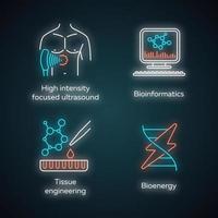 Biotechnology neon light icons set. Bioengineering. High intensity focused ultrasound, bioinformatics, tissue engineering, bioenergy. Glowing signs. Vector isolated illustrations