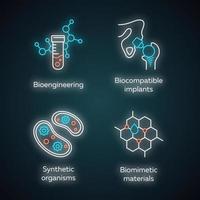 conjunto de iconos de luz de neón de bioingeniería. biotecnología para la salud, investigación evolutiva, creación de nuevos materiales. bioquímica, gmo, implantación. signos brillantes. Ilustraciones de vectores aislados