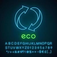 Eco label neon light icon. Two rounded arrow signs. Recycle symbol. Alternative energy. Environmental protection sticker. Glowing sign with alphabet, numbers and symbols. Vector isolated illustration
