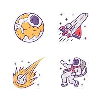 Astronomy color icons set. Space exploration. Earth, spaceship, comet, astronaut. Astrophysics. Galaxy research, observation. Interstellar travel. Cosmic mission. Isolated vector illustrations