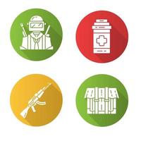 conjunto de iconos de glifo de sombra larga de diseño plano de inventario de juegos en línea. jugador con pistola, analgésico, arma, rifle, paquete. equipo de juego de disparos, artículos. batalla real ilustración de silueta vectorial vector