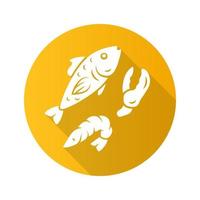 icono de glifo de sombra larga de diseño plano de mariscos. productos fuente de omega 3. comida gourmet, comida saludable. gambas hervidas, ingredientes de platos de salmón. ilustración de silueta de vector de pez, camarón y garra de langosta