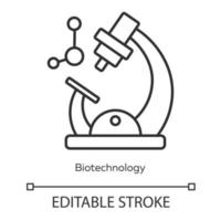 Biotechnology linear icon. Biotech. Molecular biology. Microscope and molecule. Biochemistry. Bioengineering. Thin line illustration. Contour symbol. Vector isolated outline drawing. Editable stroke