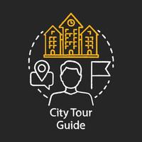 City tour guide chalk icon. Tours organisation. Travel and exploring attractions. Excursion, sightseeing. Touristic agency service. Trip advisor. Isolated vector chalkboard illustration