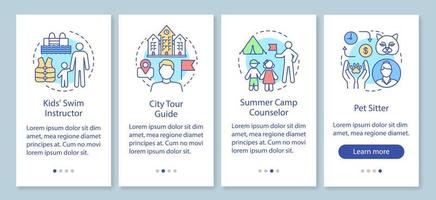 Summer part-time jobs onboarding mobile app page screen with linear concepts. Swim instructor, tour guide walkthrough steps graphic instructions. UX, UI, GUI vector template with illustrations