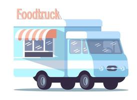 Food truck flat vector illustration. Mobile street food restaurant. Park cafe wagon. Car for selling fastfood. Commercial ready takeaway meal vehicle isolated on white background