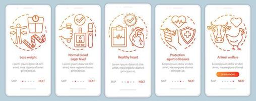 Vegan advantages onboarding mobile app page screen vector template. Vegetarian lifestyle benefits walkthrough website steps with linear illustrations. UX, UI, GUI smartphone interface concept