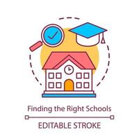 Finding good schools concept icon. Choosing educational institutions location idea thin line illustration. School, college selection. Vector isolated outline drawing. Editable stroke..