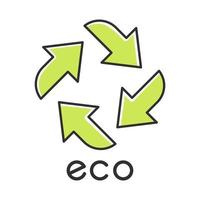 Eco label color icon. Four green straight arrow signs. Recycle symbol. Alternative energy. Environmental protection sticker. Eco friendly chemicals. Organic cosmetics. Isolated vector illustration
