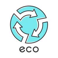 Eco label color icon. Blue circle with cut arrows inside sign. Recycle symbol. Environmental protection sticker. Eco friendly chemicals. Organic cosmetics. Isolated vector illustration