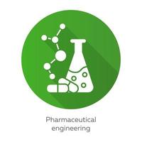 Pharmaceutical engineering green flat design long shadow glyph icon. Drug formulating. Chemical engineering. Flask, molecule, capsules. Pharmacology. Biotechnology. Vector silhouette illustration