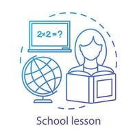 Math lesson, learning process concept icon. Knowledge gaining idea thin line illustration. Elementary school subject, education. Globe and female student with book vector isolated outline drawing