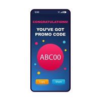 Getting promo code page smartphone interface template. Discount, special offer, gift card mobile app design layout. Coupon code application flat UI. Ecoupon, digital vaucher screen. Phone display