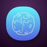 Moon app icon. Earth satellite. Fantastic planet with volcanoes. Spherical space object. Solar system body. UI UX user interface. Web or mobile application. Vector isolated illustration