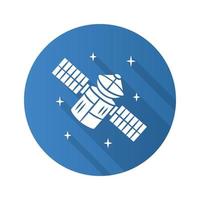 Satellite flat design long shadow glyph icon. Sputnik. Artificial object in orbit. Space probe. Earth observation. Space telescope. GPS navigation. Vector silhouette illustration