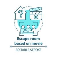 Escape room based on movies concept icon. Film theme quest idea thin line illustration. Strategy teamwork game. Team solving problem. Vector isolated outline drawing. Editable stroke .