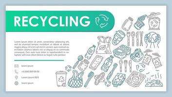 Recycling web banner, business card vector template. Company contact page with phone, email linear icons. Ecology protection presentation, web page idea. Waste reuse corporate print design layout
