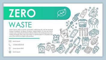 Zero waste web banner, business card vector template. Recycling company contact page with phone, email linear icons. Environment protection presentation, web page idea. Corporate print design layout