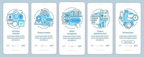 Searching part time jobs blue onboarding mobile app page screen with linear concepts. Select companies, get job walkthrough steps graphic instructions. UX, UI, GUI vector template with illustrations