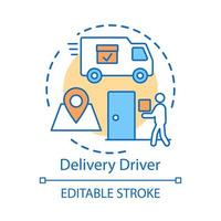 Delivery driver concept icon. Service worker idea thin line illustration. Express shipment, distribution. Delivery vehicle, truck. Cargo shipping. Vector isolated outline drawing. Editable stroke