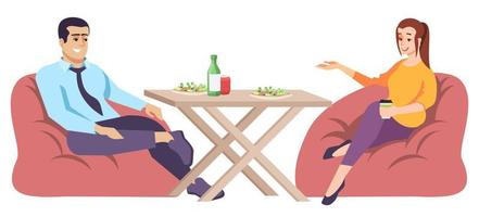 Man and woman at table flat vector illustration. Coupe of people speaking at lunch, sitting on bag chairs.