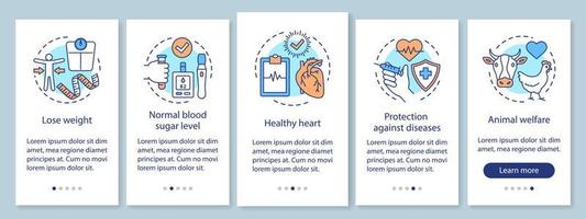 Vegan benefits onboarding mobile app page screen with linear concepts. Vegetarian lifestyle advantages walkthrough steps graphic instructions. UX, UI, GUI vector template with illustrations