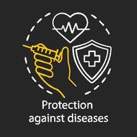 Protection against diseases chalk concept icon. Healthy lifestyle idea. Shield with cross, syringe and heart symbol vector isolated chalkboard illustration. Vaccination, virus prevention, inoculation