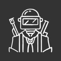 Game soldier, warrior chalk icon. Player with weapon in safety gear. Virtual game inventory. Shooter from first person. Player in protective helmet with guns. Isolated vector chalkboard illustration