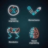 Bioengineering neon light icons set. Changing and creating organisms. Genetic engineering, biomechanics, biorobotics, neural engineering. Biotechnology. Glowing signs. Vector isolated illustrations