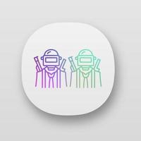 Game soldiers app icon. Virtual game team. Shooter from first person. Online multiplayer. Warriors, players with guns. UI UX user interface. Web or mobile application. Vector isolated illustration