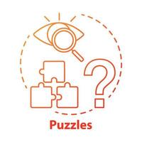 Puzzles red gradient concept icon. Quest game idea thin line illustration. Looking for answer, clues. Jigsaw parts. Solving problem, searching solution. Vector isolated outline drawing