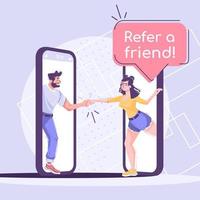 Referral program social media post mockup. Advertising web banner design template. Social media booster, content layout. Promotion poster, print ads with flat illustrations. Friends holding hands. vector