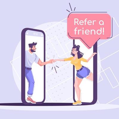 Referral program social media post mockup. Advertising web banner design template. Social media booster, content layout. Promotion poster, print ads with flat illustrations. Friends holding hands.