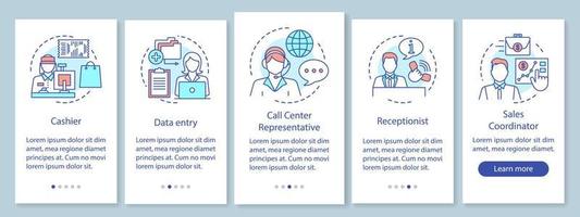 Finding part time jobs onboarding mobile app page screen with linear concepts. Receptionist, sales coordinator walkthrough steps graphic instructions. UX, UI, GUI vector template with illustrations