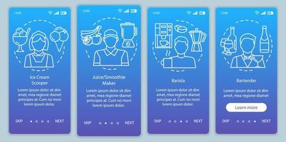 Cafe, fast food industry part-time job blue onboarding mobile app page screen vector template. Walkthrough website steps with linear illustrations. UX, UI, GUI smartphone interface concept