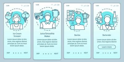 café, industria de comida rápida trabajo a tiempo parcial turquesa incorporación plantilla de vector de pantalla de página de aplicación móvil. paso a paso del sitio web con ilustraciones lineales. ux, ui, concepto de interfaz de teléfono inteligente gui