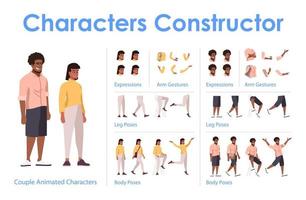 Dark skin couple front view animated flat vector characters design set. Man, woman constructor with various face emotion, body poses, hand gestures, legs kit