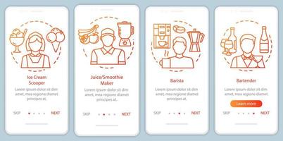 Cafe, fast food industry part-time job orange onboarding mobile app page screen vector template. Walkthrough website steps with linear illustrations. UX, UI, GUI smartphone interface concept