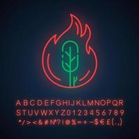 Wildfire neon light icon. Burning tree. Natural disaster. Ecological problem. Human negligence, arson in forest. Glowing sign with alphabet, numbers and symbols. Vector isolated illustration