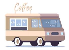 Ilustración de vector plano de camión de calle de café. café de la ciudad móvil. entrega rápida. Punto de café para llevar transportable. coche de comida comercial. Bebida móvil van aislado sobre fondo blanco.