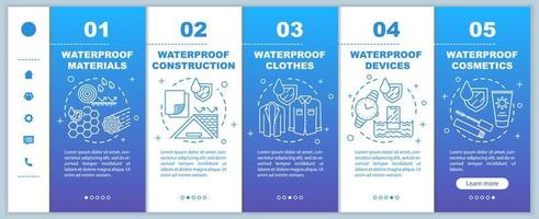 Waterproof, impermeable materials onboarding mobile web pages vector template. Responsive smartphone website interface idea with linear illustrations. Webpage walkthrough step screens. Color concept..