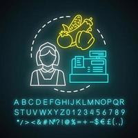 Farmers market cashier neon light icon. Woman selling vegetables. Farming, shopping in grocery. Seller, marketer. Glowing sign with alphabet, numbers and symbols. Vector isolated illustration