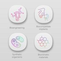 Bioengineering app icons set. Biotechnology. Biochemistry, GMO, implantation. UI UX user interface. Web or mobile applications. Vector isolated illustrations