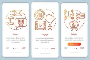 Inbound marketing method for customers orange onboarding mobile app page screen vector template. Delight walkthrough website steps with linear illustrations. UX, UI, GUI smartphone interface concept