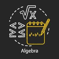 Algebra chalk concept icon. Algebraic equations, more and less sign. Advancing calculations, learning advanced algebra, complicated math problem idea. Vector isolated chalkboard illustration